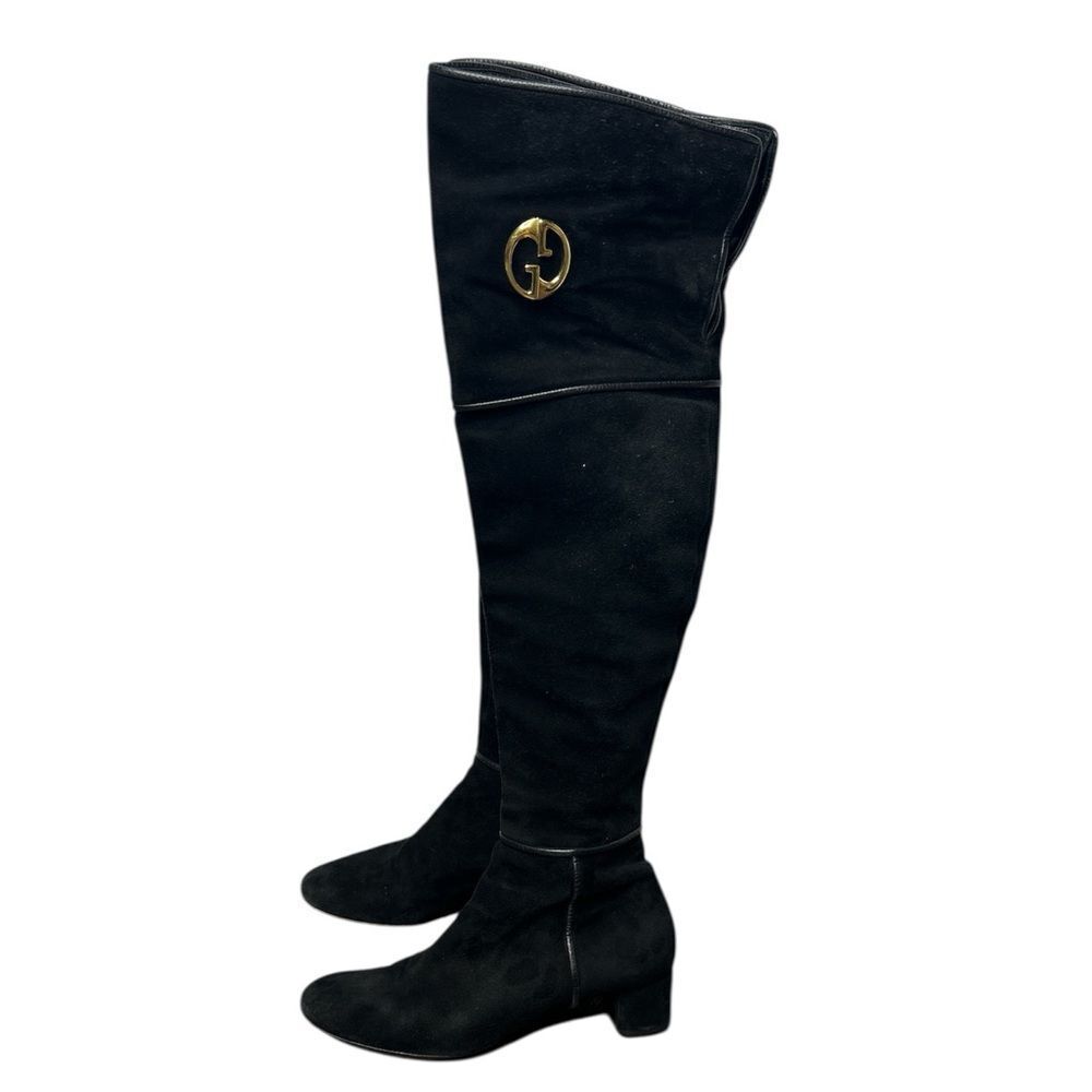 Gucci Black Suede Over the Knee Boots GG 1973 Logo Block Heel Shoes Size 38